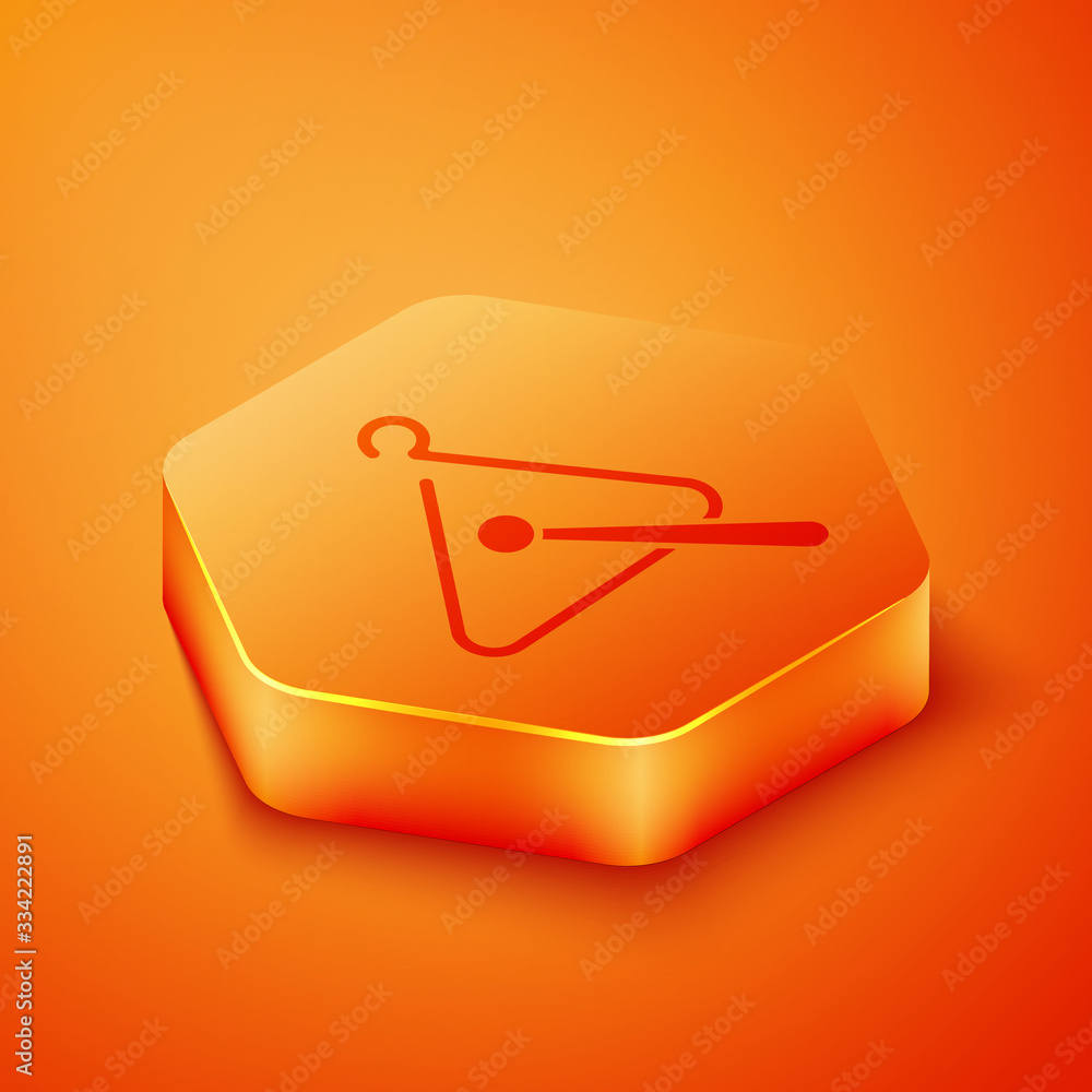 Isometric Triangle musical instrument icon isolated on orange background. Orange hexagon button. Vec