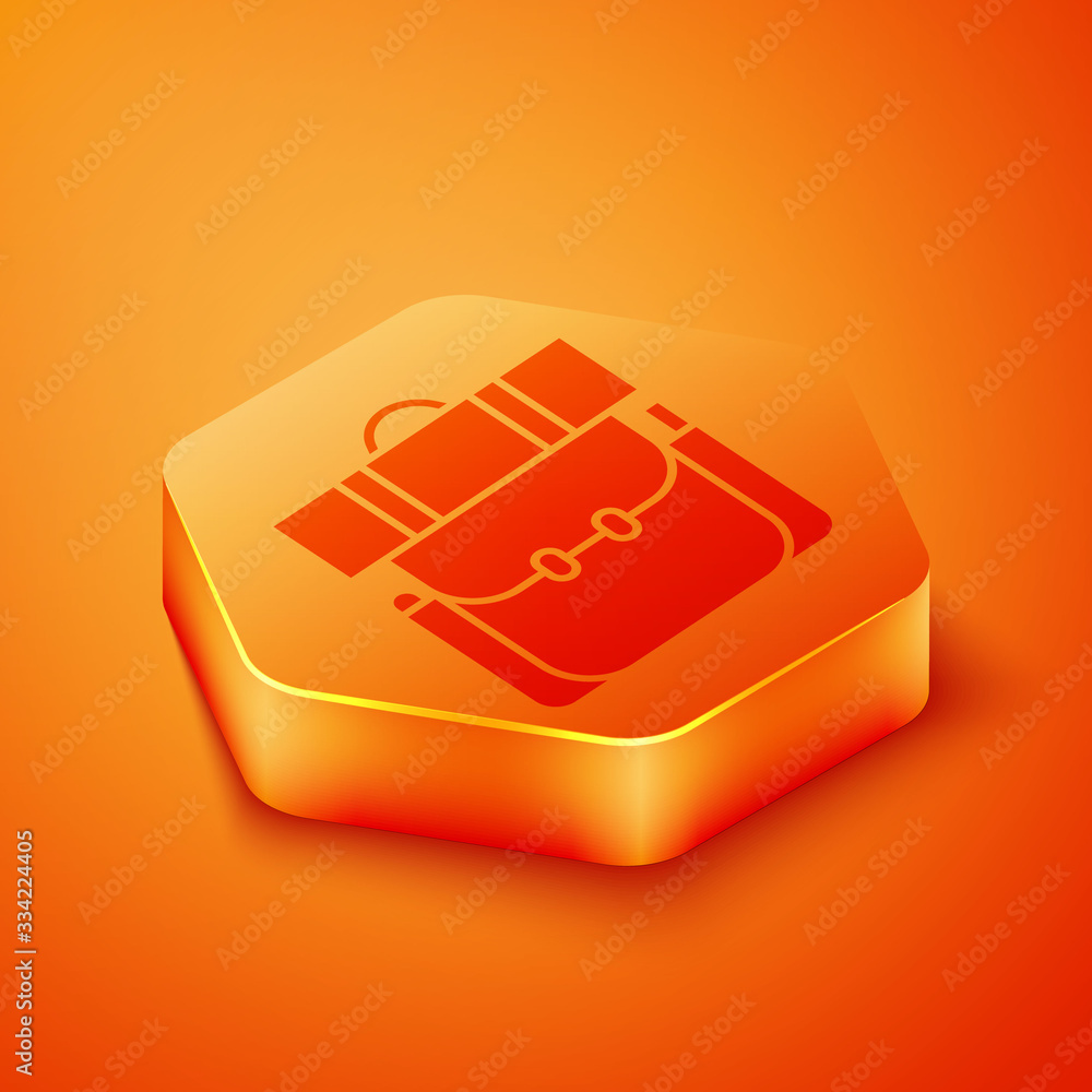 Isometric Hiking backpack icon isolated on orange background. Camping and mountain exploring backpac