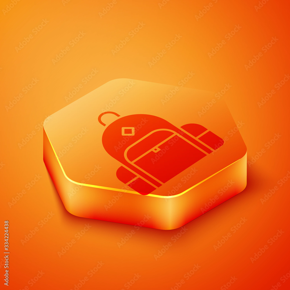 Isometric Hiking backpack icon isolated on orange background. Camping and mountain exploring backpac