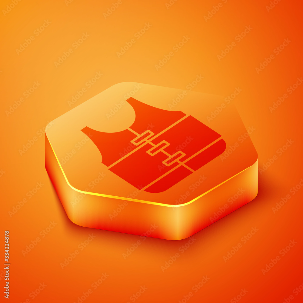 Isometric Life jacket icon isolated on orange background. Life vest icon. Extreme sport. Sport equip