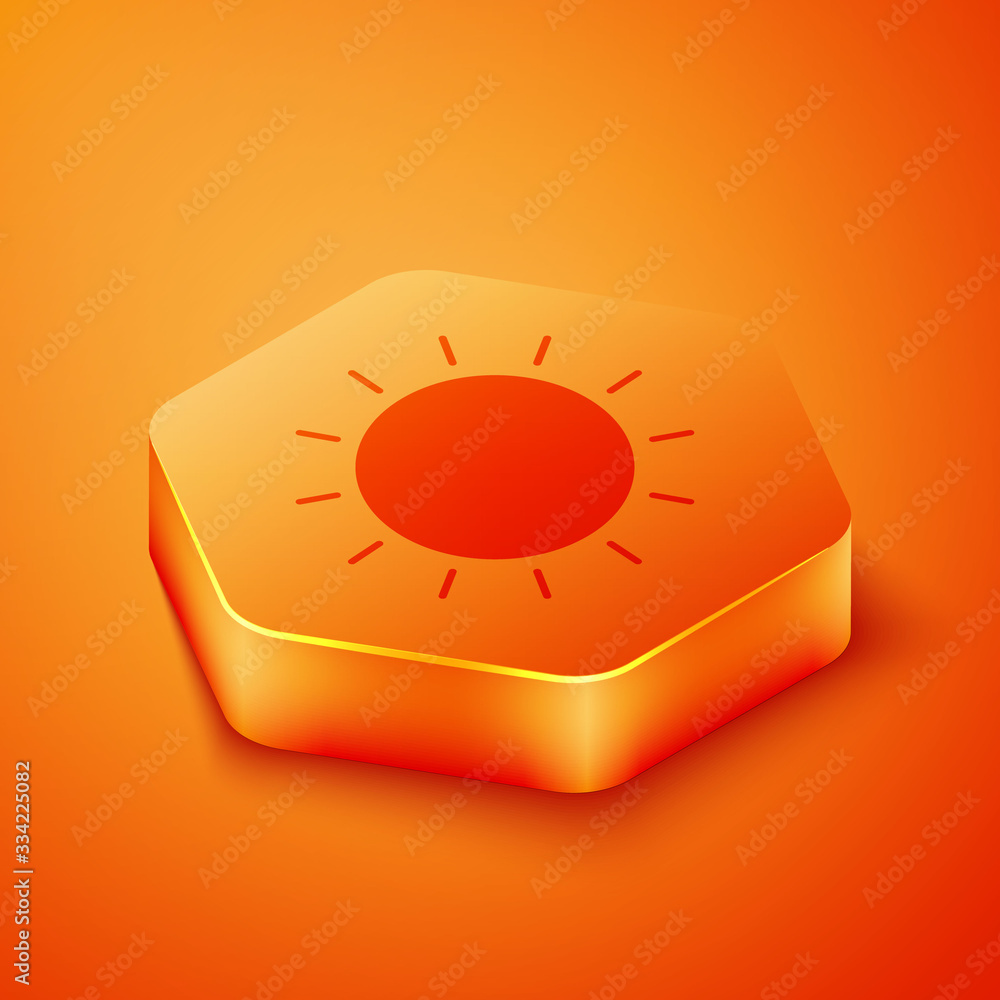 Isometric Sun icon isolated on orange background. Summer symbol. Good sunny day. Orange hexagon butt