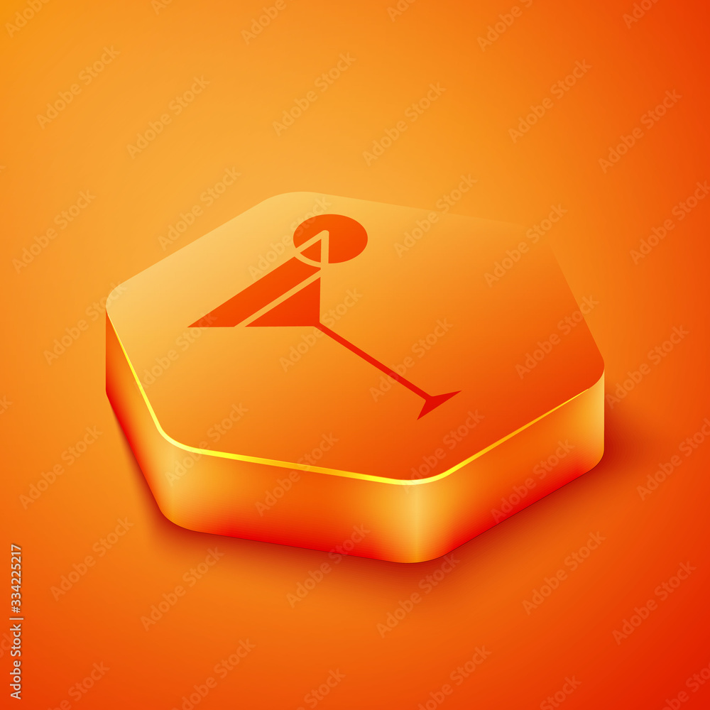 Isometric Martini glass icon isolated on orange background. Cocktail icon. Wine glass icon. Orange h