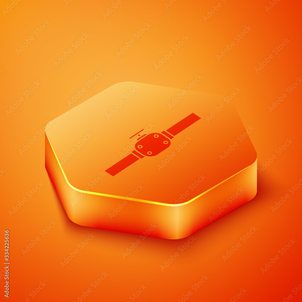 Isometric Industry metallic pipes and valve icon isolated on orange background. Orange hexagon butto