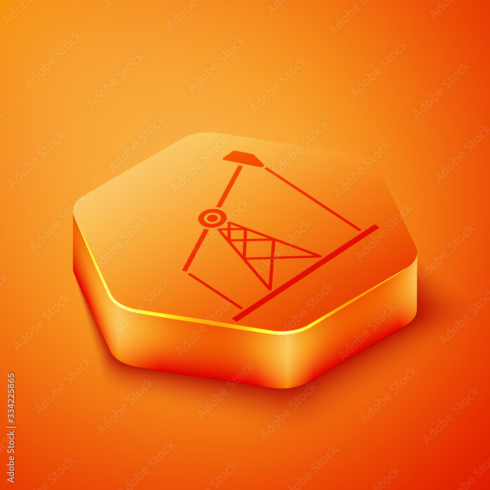 Isometric Oil pump or pump jack icon isolated on orange background. Oil rig. Orange hexagon button. 