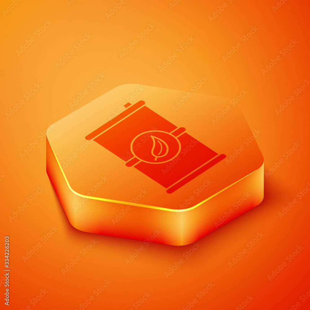 Isometric Bio fuel barrel icon isolated on orange background. Eco bio and canister. Green environmen