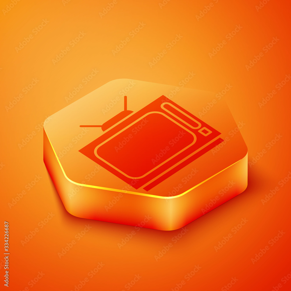 Isometric Retro tv icon isolated on orange background. Television sign. Orange hexagon button. Vecto