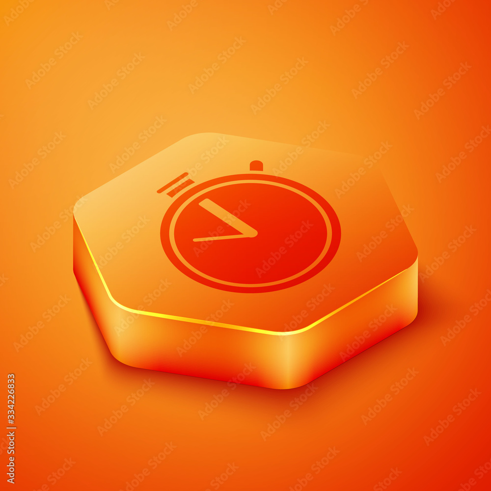 Isometric Stopwatch icon isolated on orange background. Time timer sign. Chronometer sign. Orange he