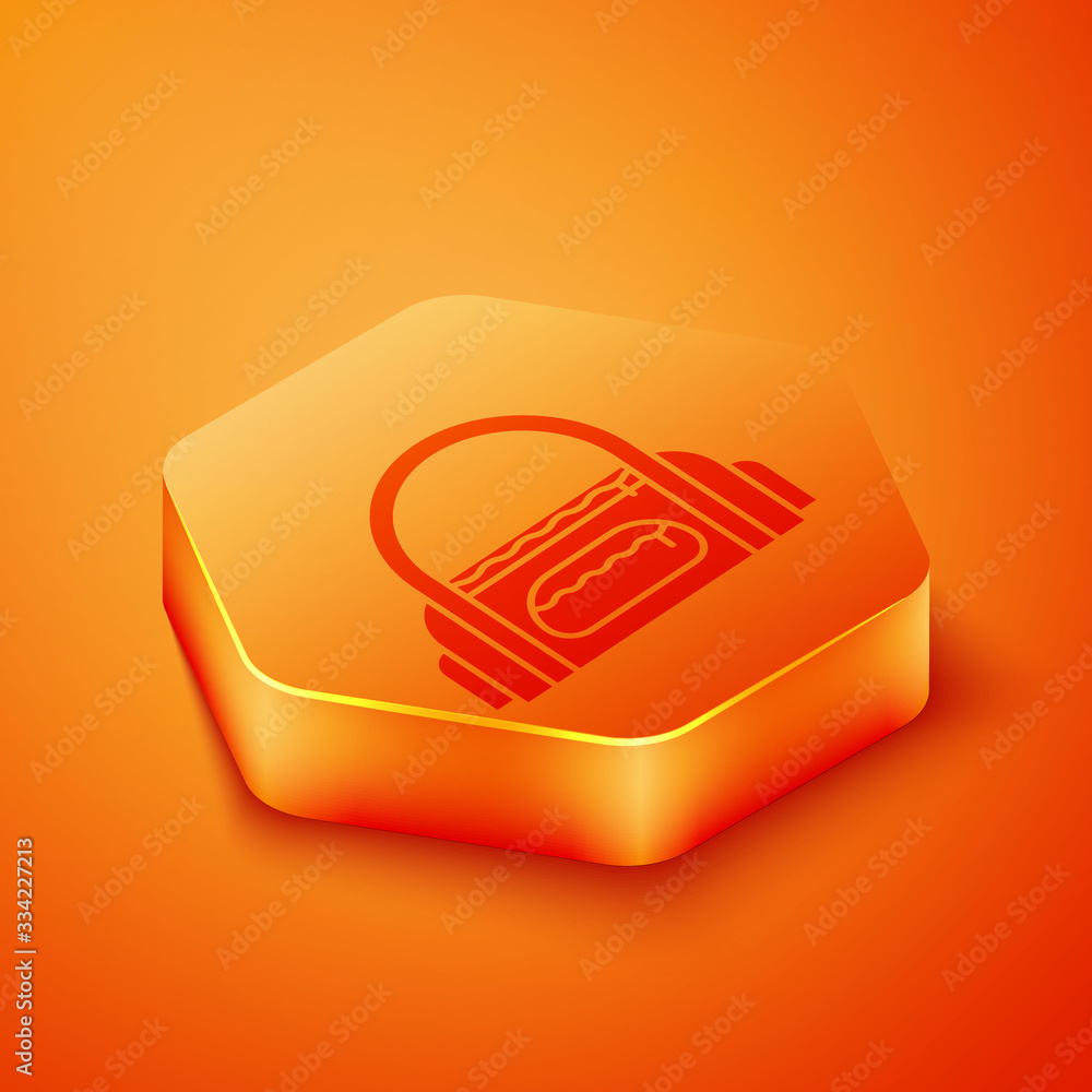 Isometric Sport bag icon isolated on orange background. Orange hexagon button. Vector Illustration