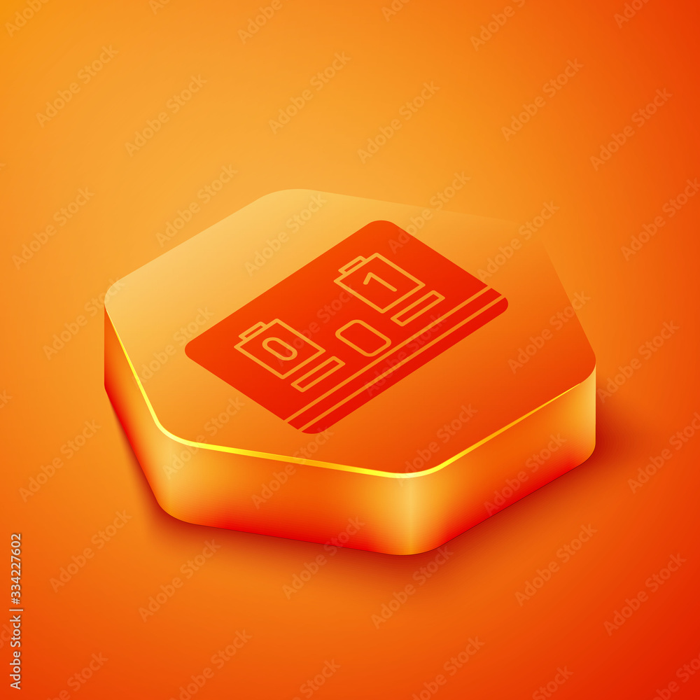 Isometric Sport hockey mechanical scoreboard and result display icon isolated on orange background. 