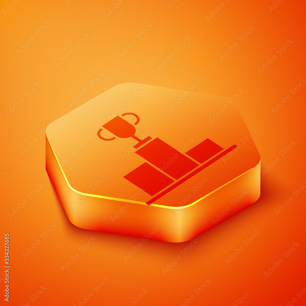 Isometric Hockey over sports winner podium icon isolated on orange background. Orange hexagon button