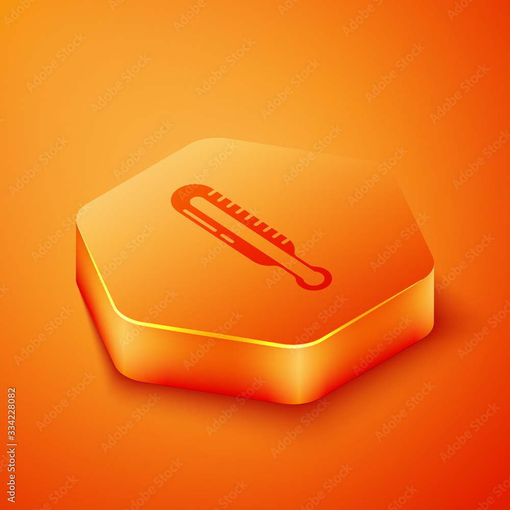 Isometric Meteorology thermometer measuring icon isolated on orange background. Thermometer equipmen