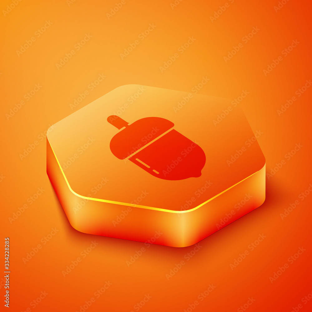 Isometric Acorn icon isolated on orange background. Orange hexagon button. Vector Illustration