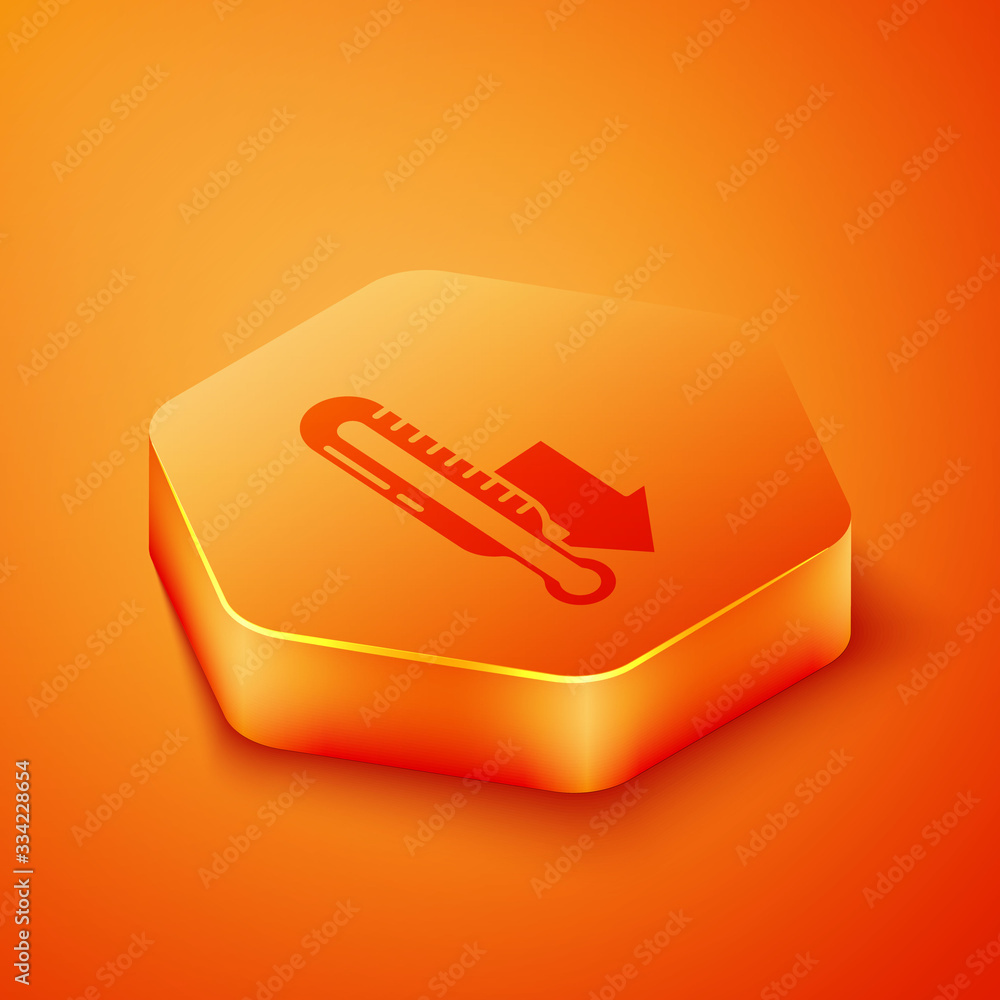 Isometric Meteorology thermometer measuring icon isolated on orange background. Thermometer equipmen