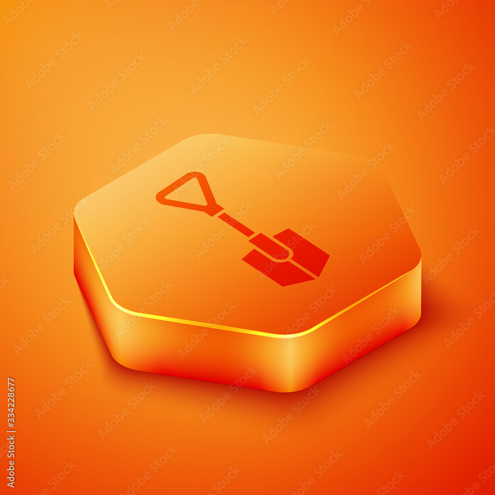 Isometric Shovel icon isolated on orange background. Gardening tool. Tool for horticulture, agricult