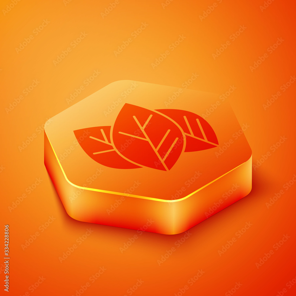 Isometric Leaf icon isolated on orange background. Leaves sign. Fresh natural product symbol. Orange