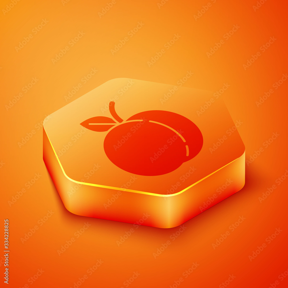 Isometric Peach fruit or nectarine with leaf icon isolated on orange background. Orange hexagon butt