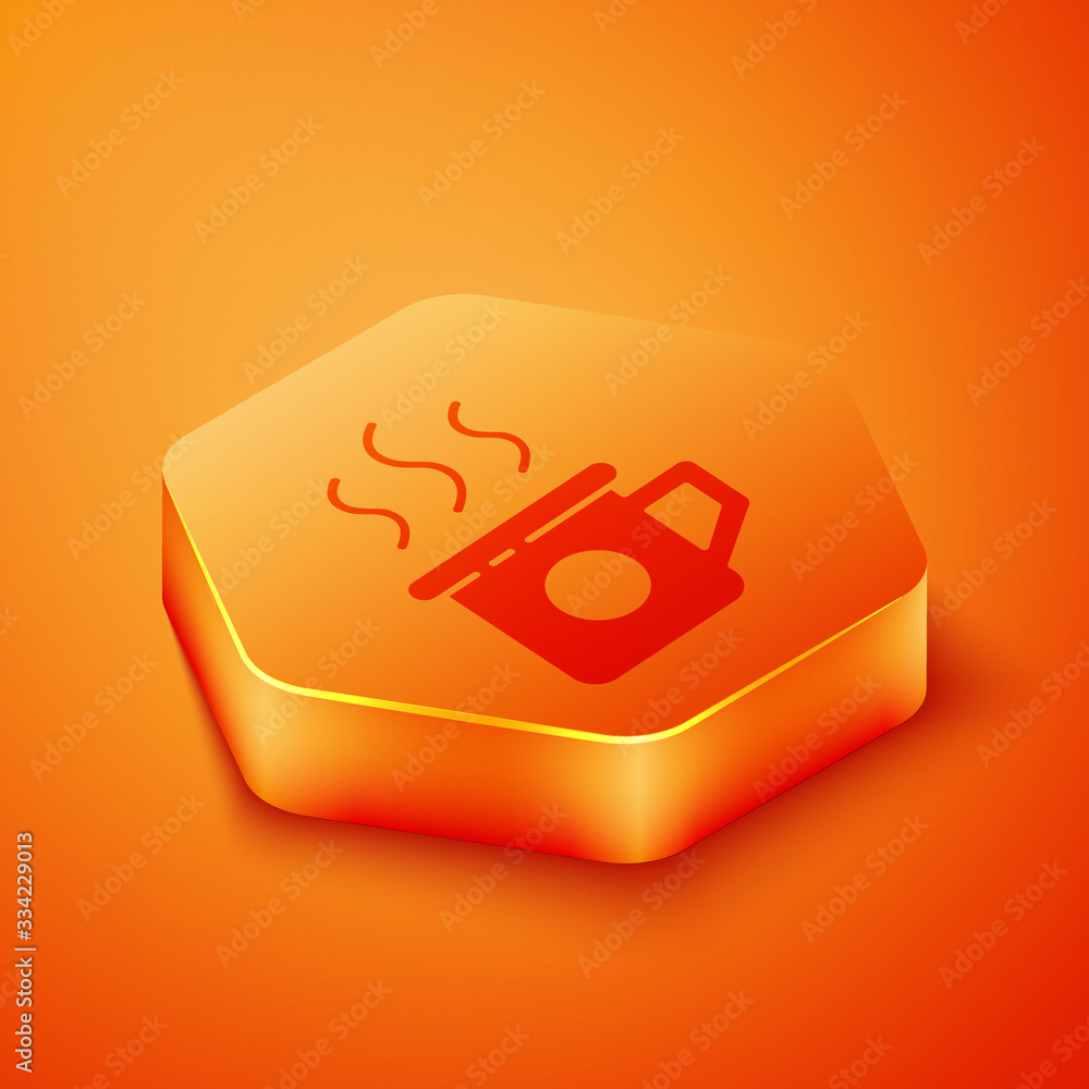 Isometric Cup of tea icon isolated on orange background. Sweet natural food. Orange hexagon button. 