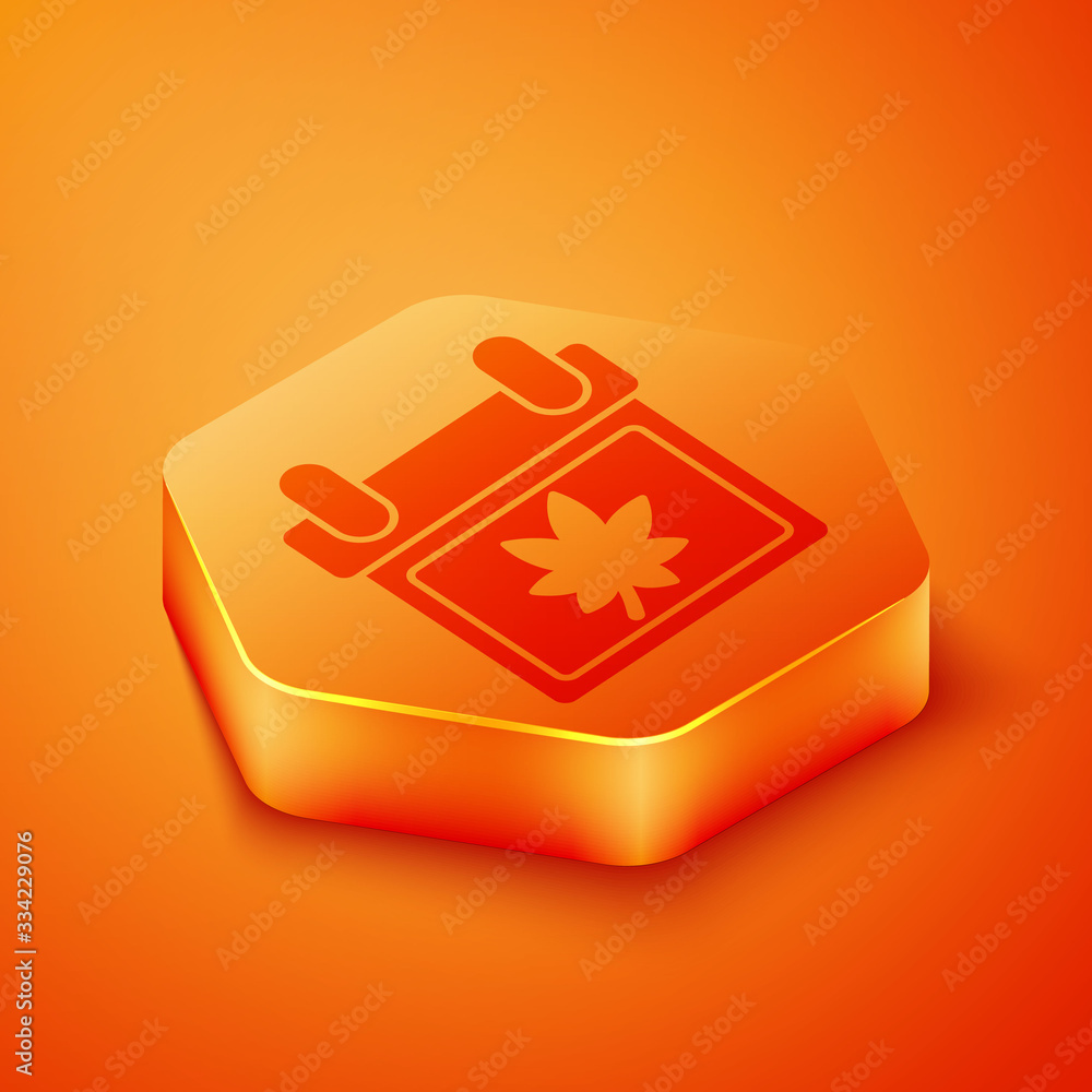 Isometric Calendar with autumn leaves icon isolated on orange background. Orange hexagon button. Vec