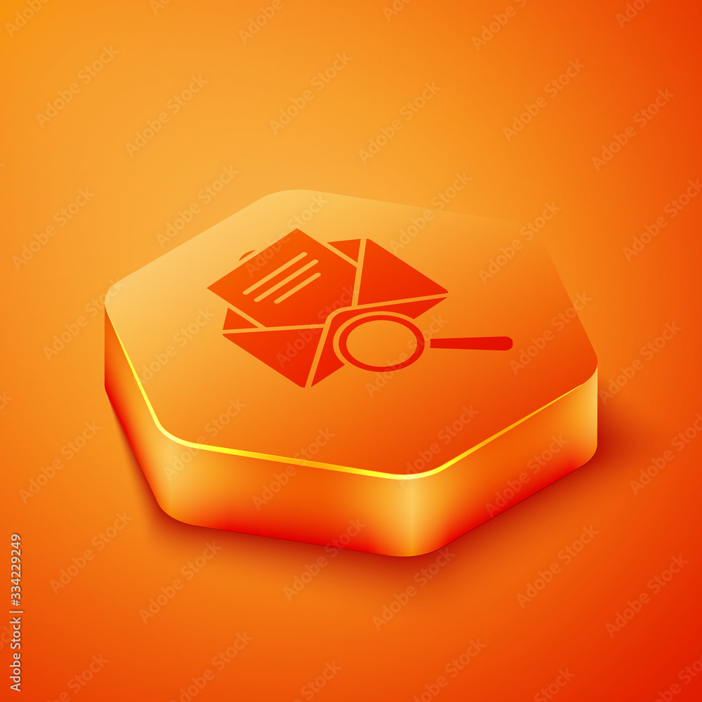 Isometric Envelope mail with magnifying glass icon isolated on orange background. Orange hexagon but