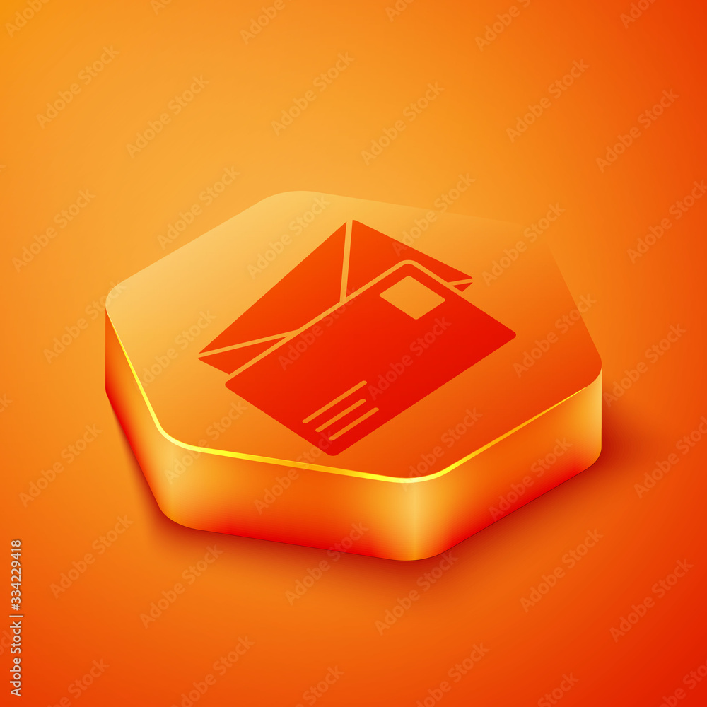 Isometric Envelope icon isolated on orange background. Email message letter symbol. Orange hexagon b