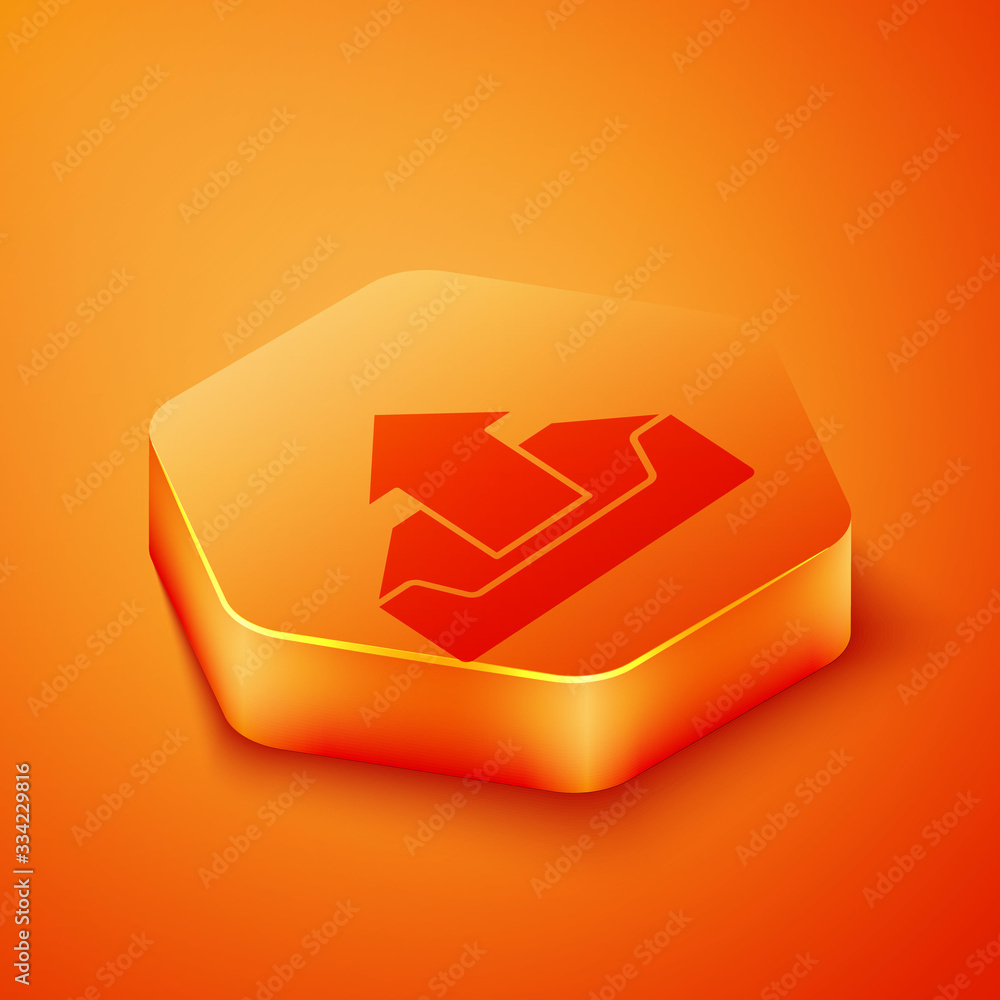 Isometric Upload inbox icon isolated on orange background. Orange hexagon button. Vector Illustratio