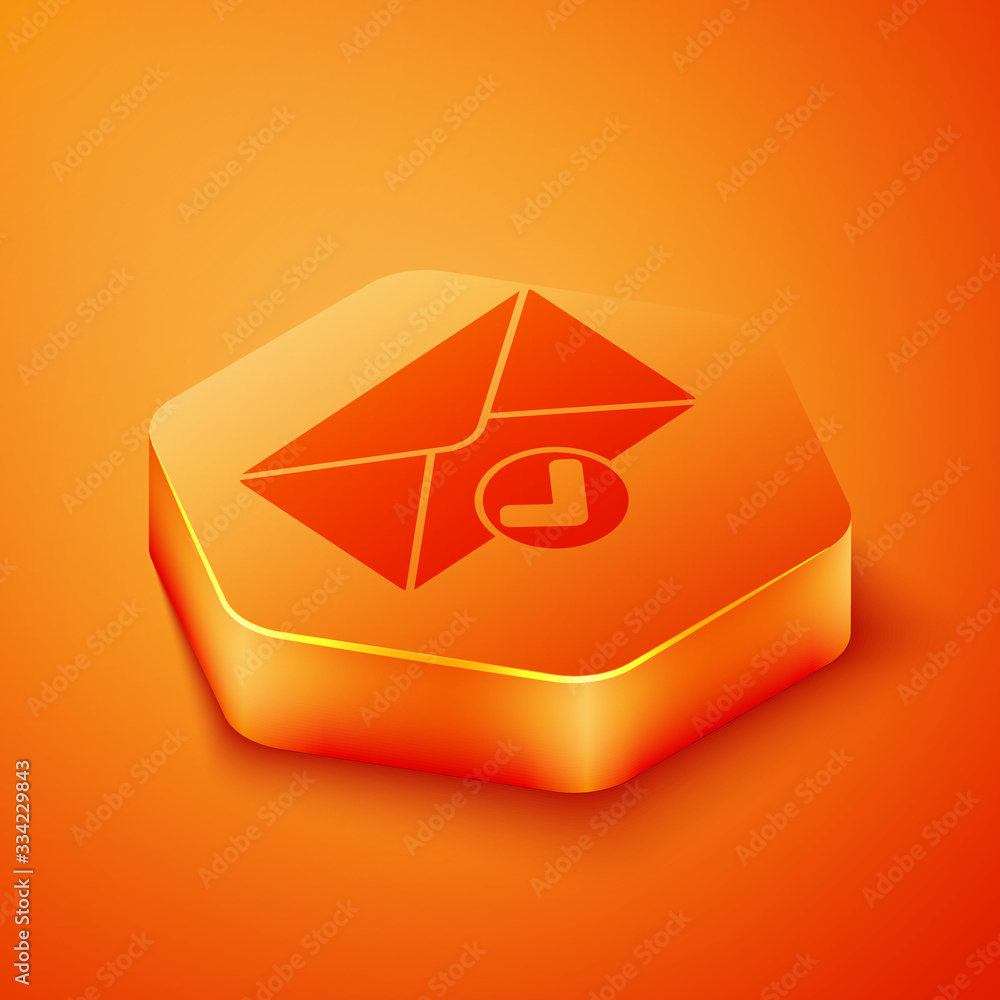 Isometric Envelope and check mark icon isolated on orange background. Successful e-mail delivery, em