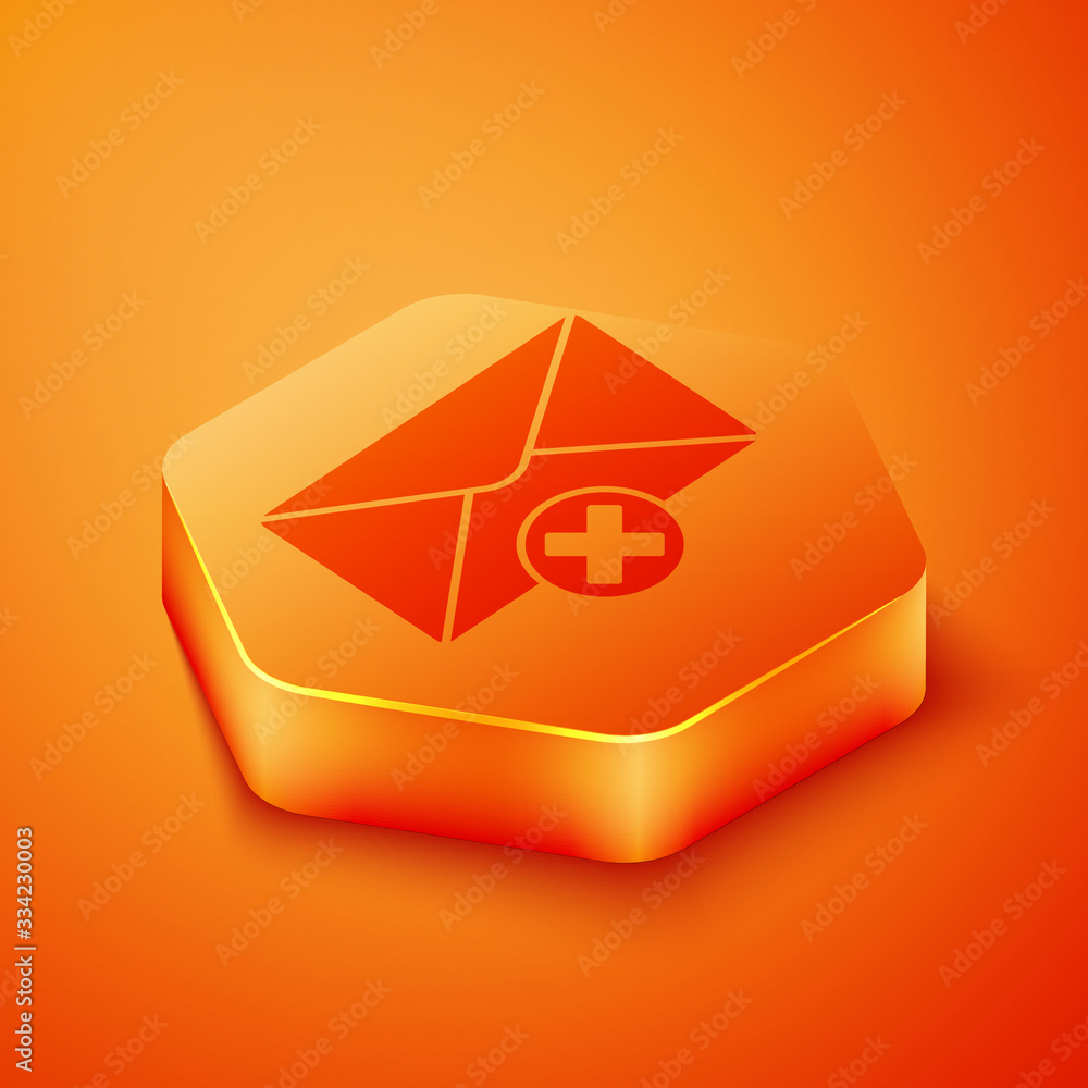 Isometric Delete envelope icon isolated on orange background. Delete or error letter. Cross on messa