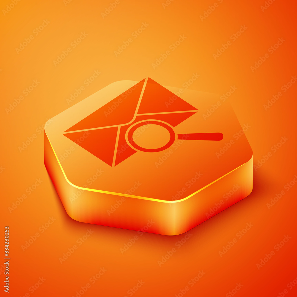 Isometric Envelope mail with magnifying glass icon isolated on orange background. Orange hexagon but