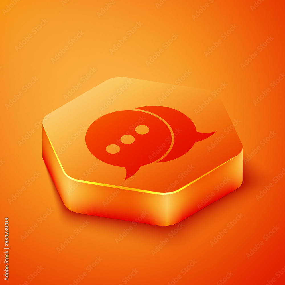 Isometric Speech bubble chat icon isolated on orange background. Message icon. Communication or comm