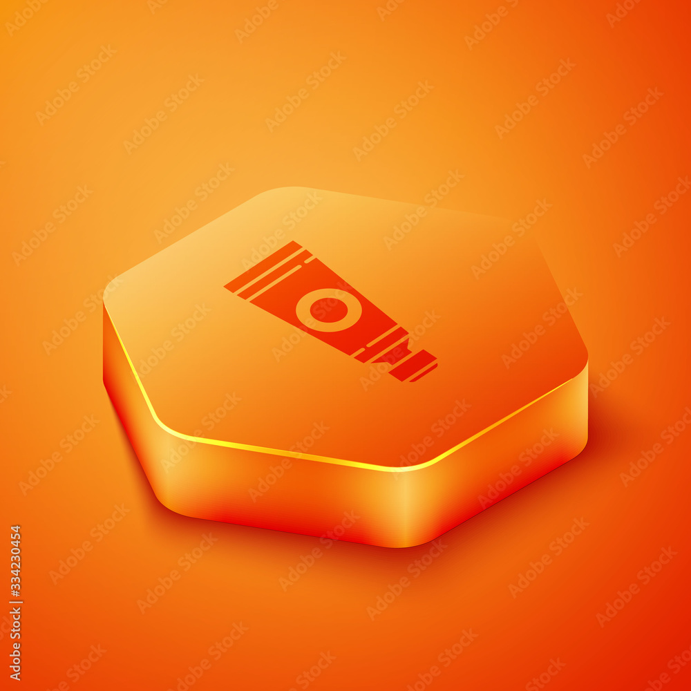 Isometric Tube with paint palette icon isolated on orange background. Orange hexagon button. Vector 