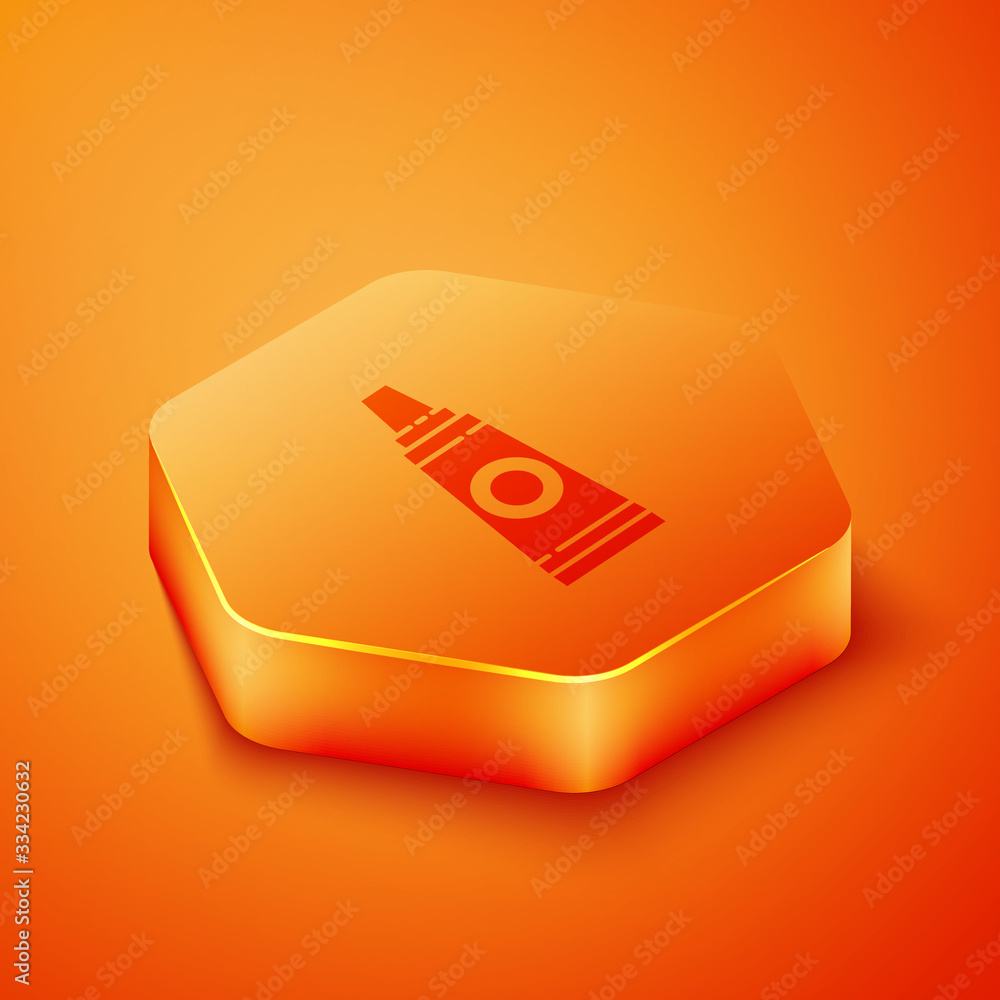 Isometric Tube with paint palette icon isolated on orange background. Orange hexagon button. Vector 