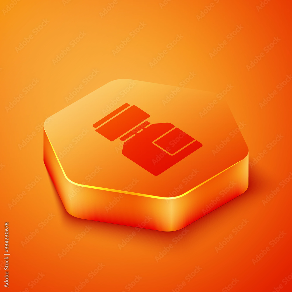 Isometric Paint, gouache, jar, dye icon isolated on orange background. Orange hexagon button. Vector