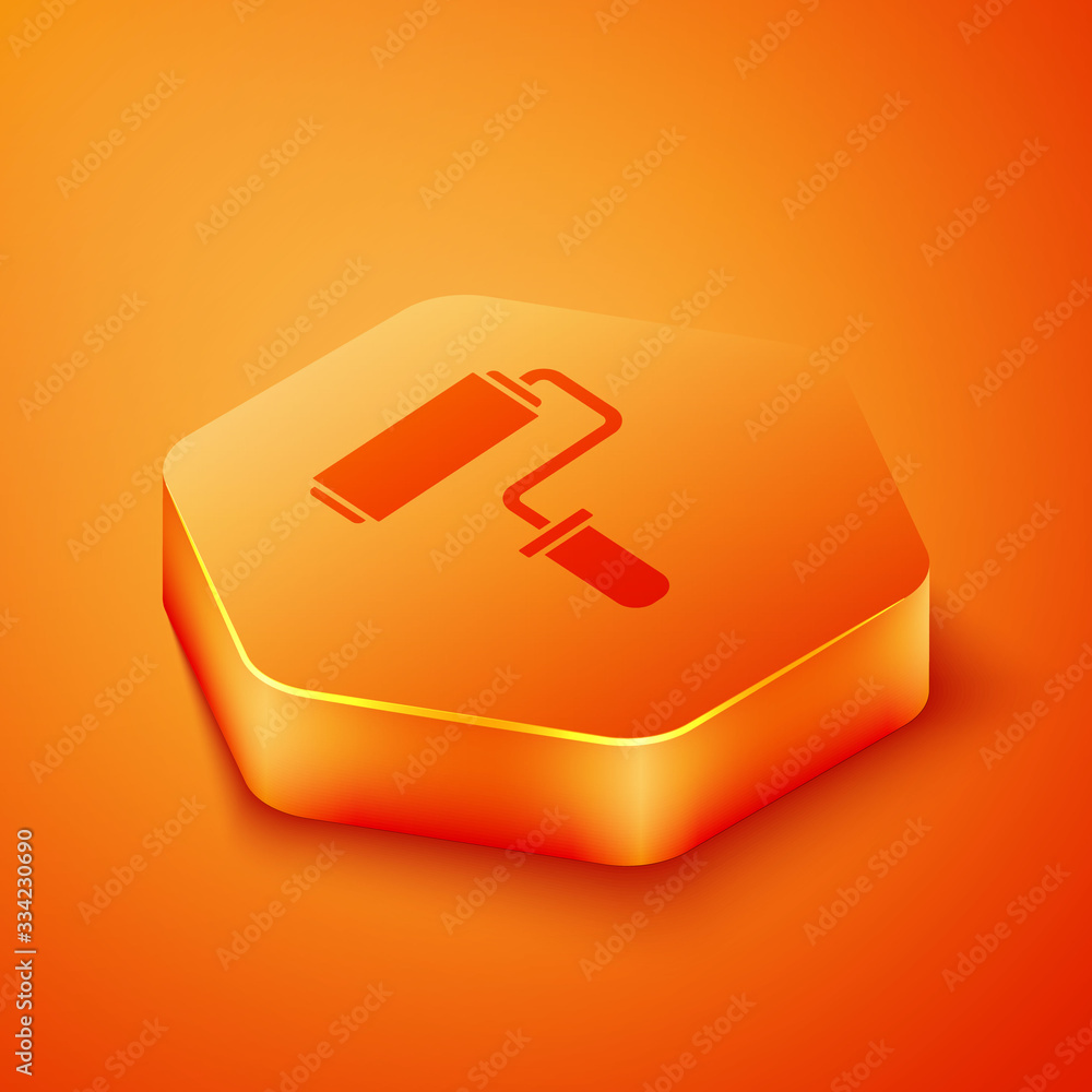 Isometric Paint roller brush icon isolated on orange background. Orange hexagon button. Vector Illus