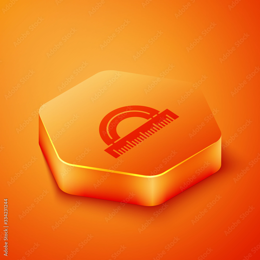 Isometric Protractor grid for measuring degrees icon isolated on orange background. Tilt angle meter