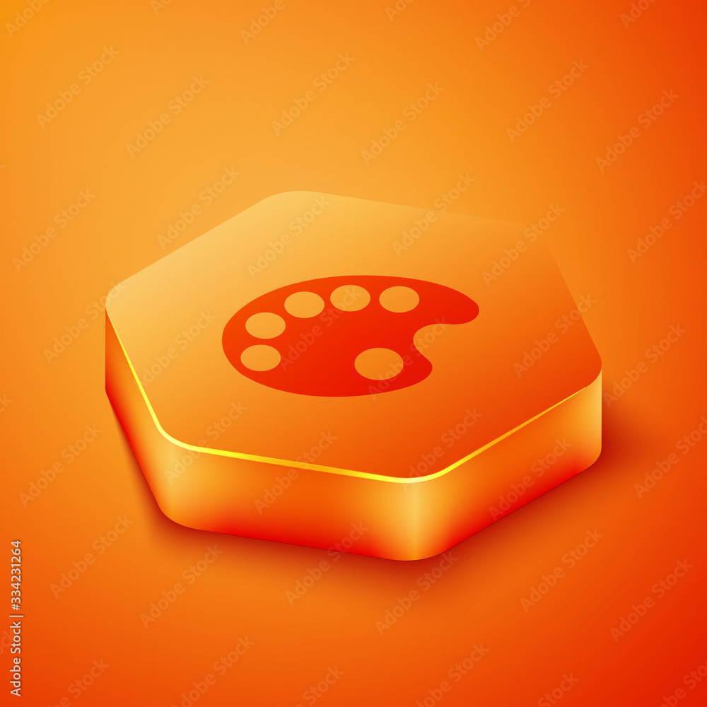 Isometric Palette icon isolated on orange background. Orange hexagon button. Vector Illustration