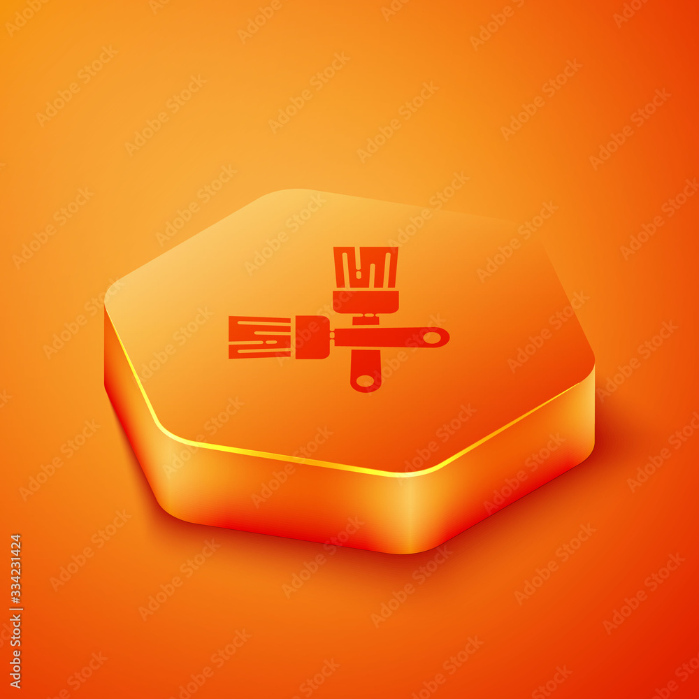 Isometric Crossed paint brush icon isolated on orange background. Orange hexagon button. Vector Illu