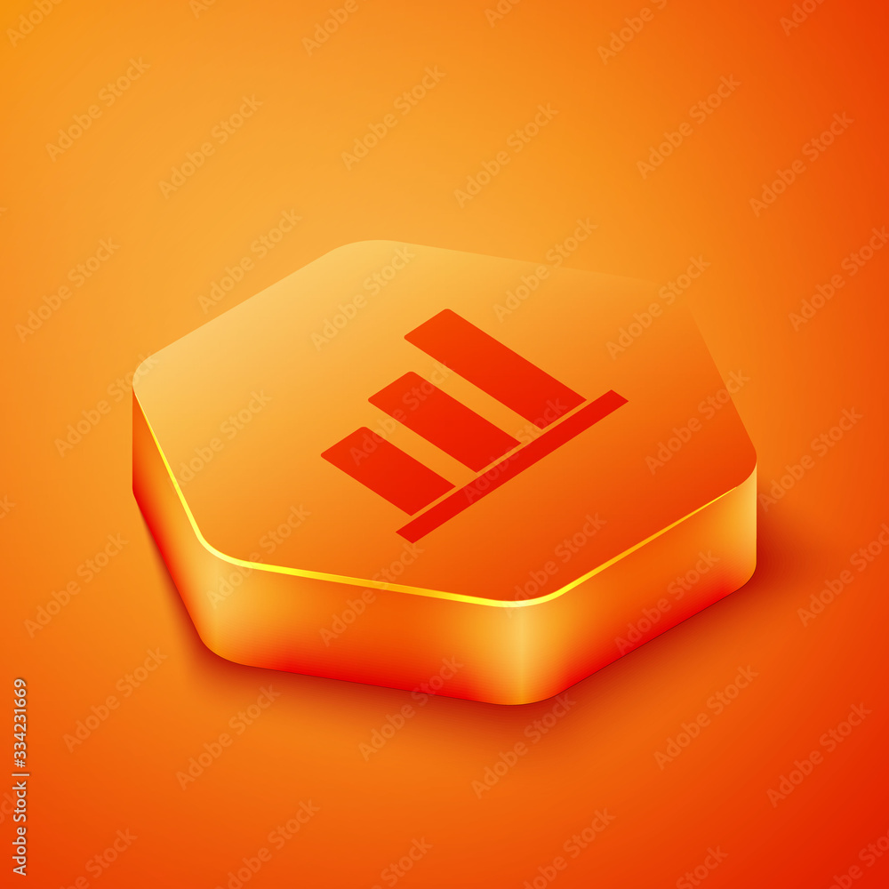 Isometric Pie chart infographic icon isolated on orange background. Diagram chart sign. Orange hexag