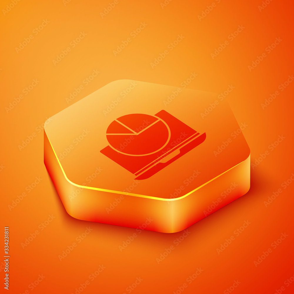 Isometric Laptop with graph chart icon isolated on orange background. Report text file icon. Account