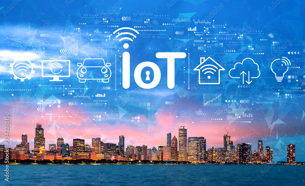 IoT theme with downtown Chicago cityscape skyline with Lake Michigan