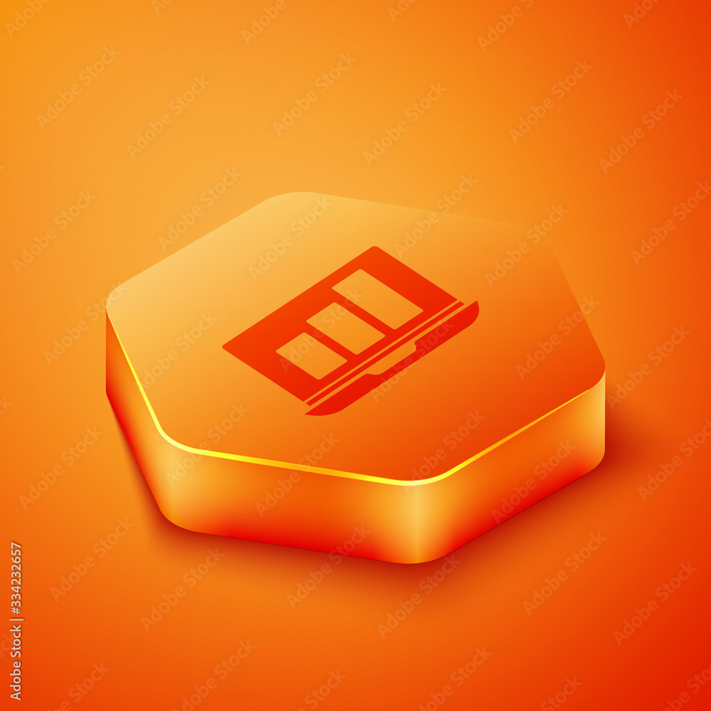 Isometric Laptop with graph chart icon isolated on orange background. Report text file icon. Account