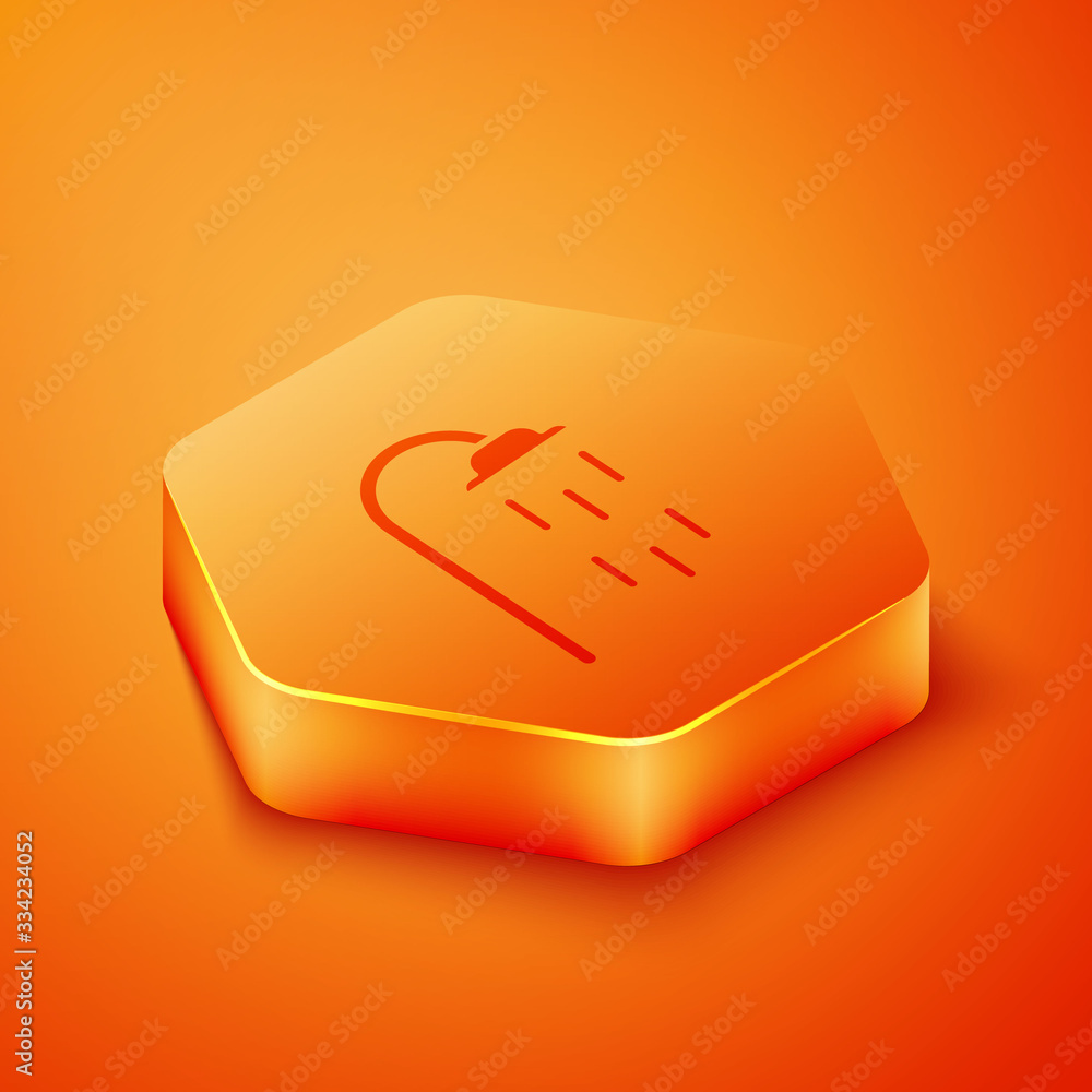 Isometric Shower head with water drops flowing icon isolated on orange background. Orange hexagon bu