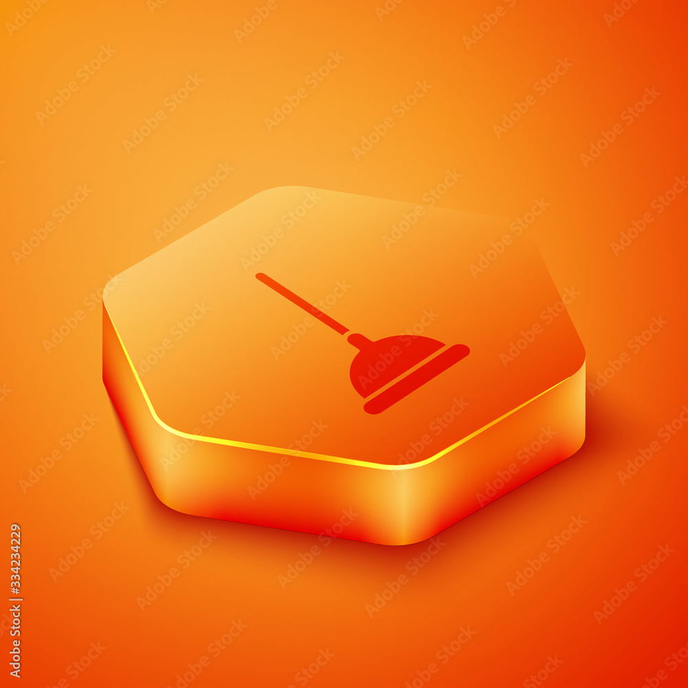 Isometric Rubber plunger with wooden handle for pipe cleaning icon isolated on orange background. To