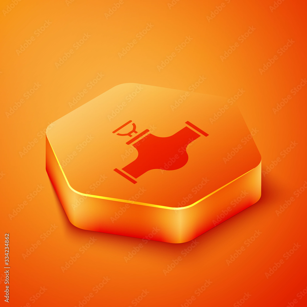 Isometric Industry metallic pipe and valve icon isolated on orange background. Orange hexagon button