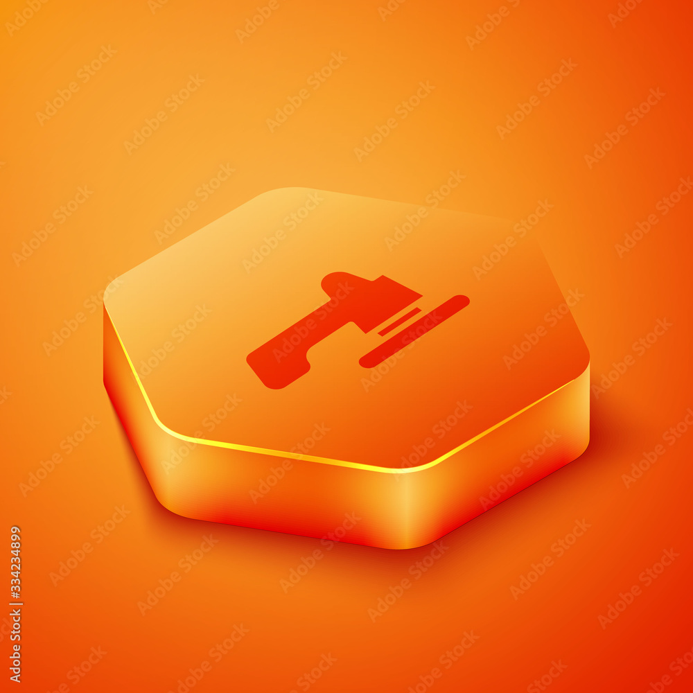 Isometric Water tap icon isolated on orange background. Orange hexagon button. Vector Illustration