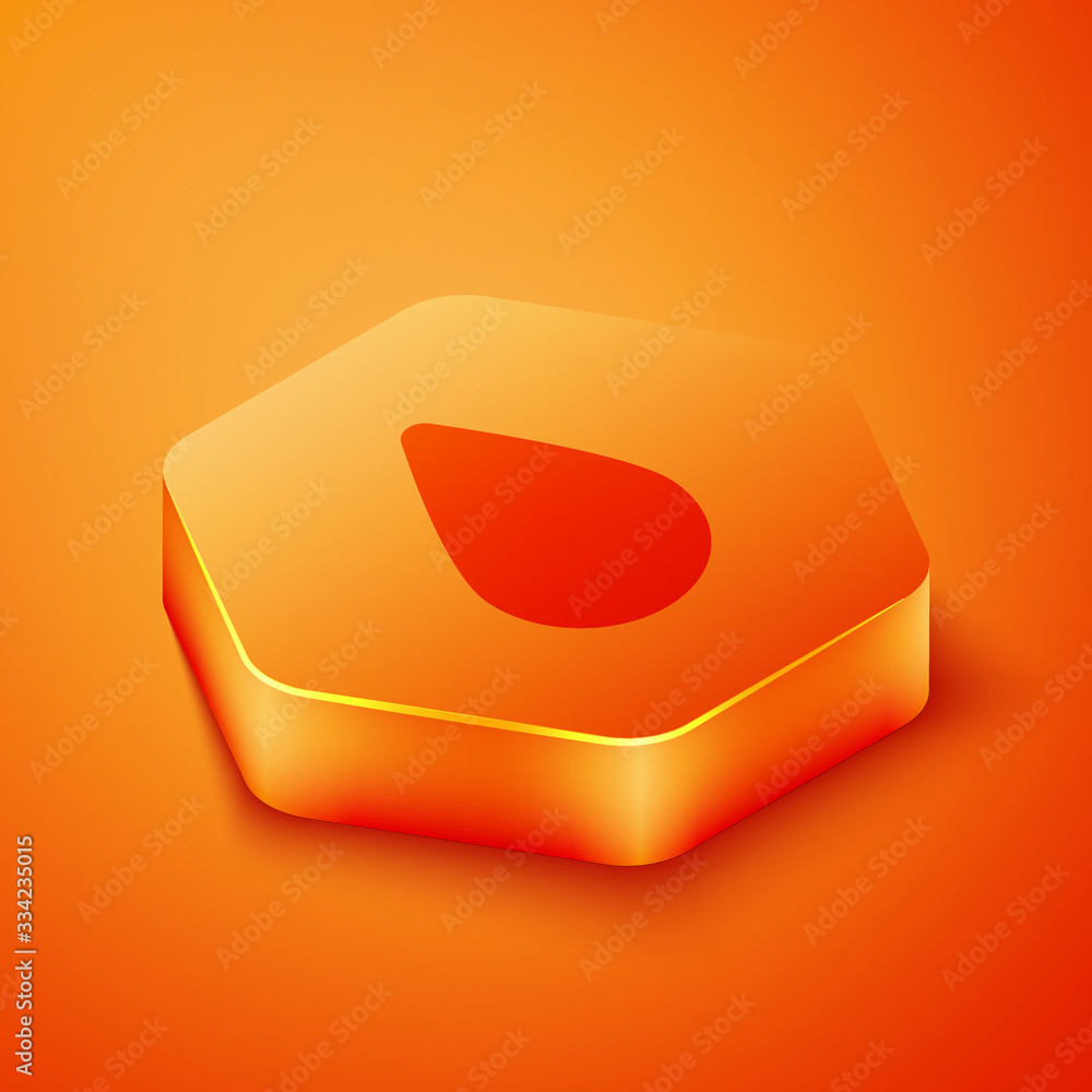 Isometric Water drop icon isolated on orange background. Orange hexagon button. Vector Illustration