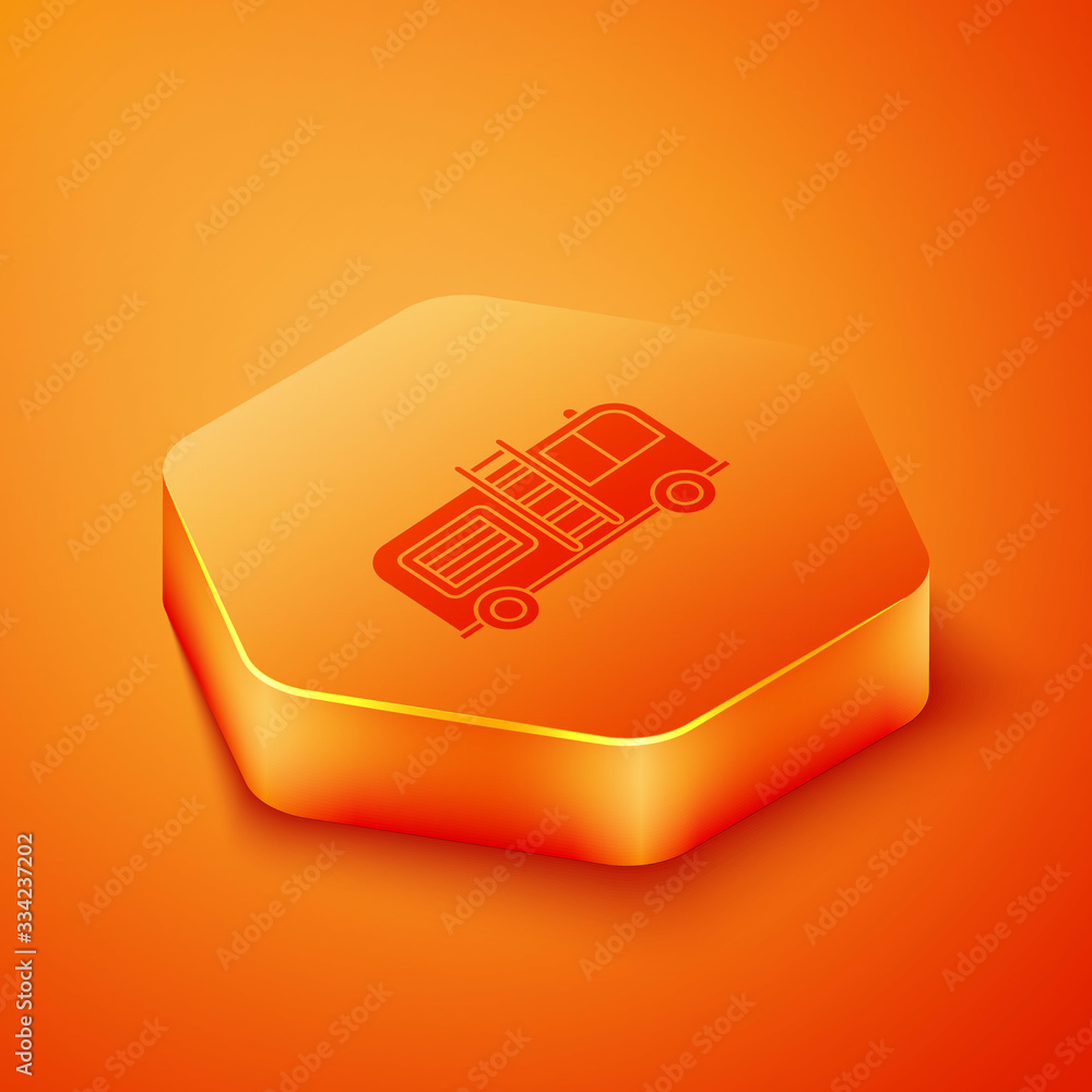 Isometric Fire truck icon isolated on orange background. Fire engine. Firefighters emergency vehicle