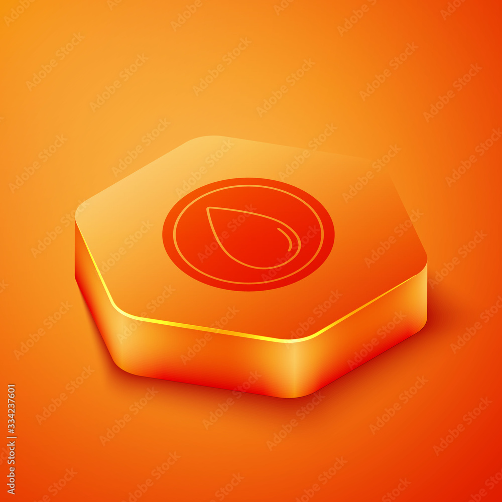 Isometric Water drop icon isolated on orange background. Orange hexagon button. Vector Illustration