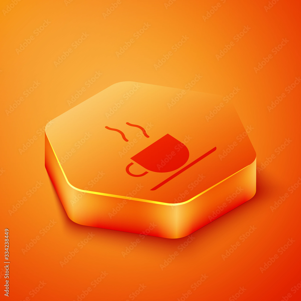 Isometric Coffee cup icon isolated on orange background. Tea cup. Hot drink coffee. Orange hexagon b