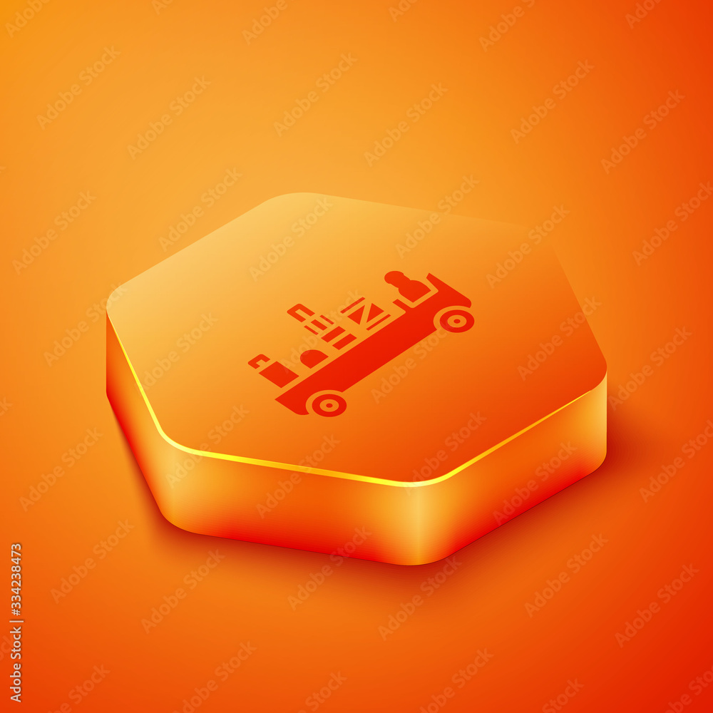 Isometric Airport luggage towing truck icon isolated on orange background. Airport luggage delivery 