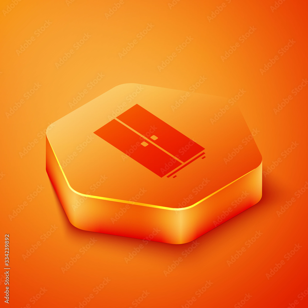 Isometric Wardrobe icon isolated on orange background. Orange hexagon button. Vector Illustration